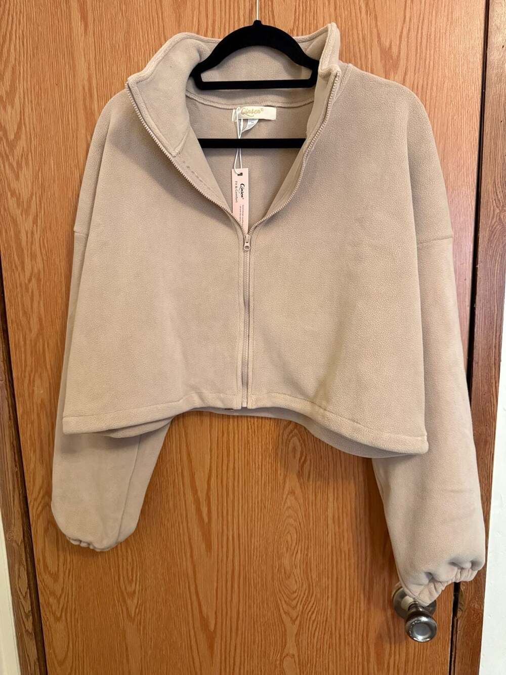 Qinsen Women's Size S Beige Fleece Cropped Full Zip Jacket
